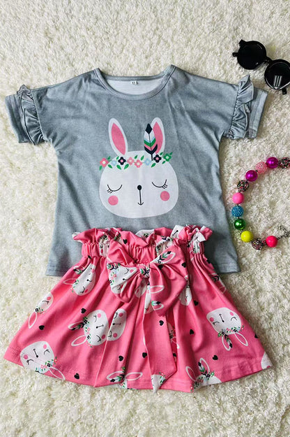 DLH2860 Easter grey top & pink rabbits printed skirt 2pcs girls sets
