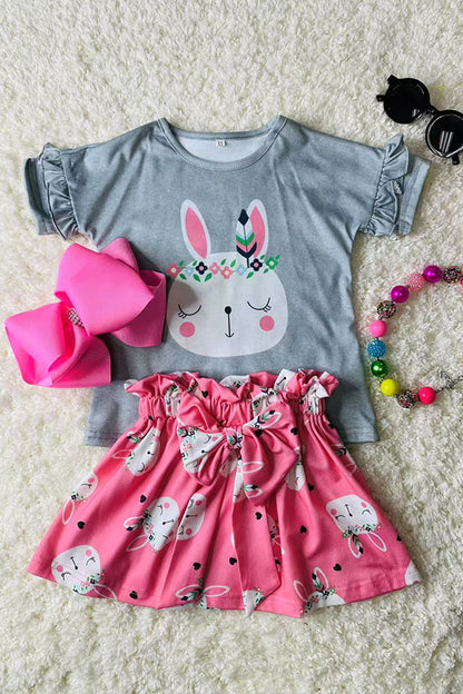 DLH2860 Easter grey top & pink rabbits printed skirt 2pcs girls sets