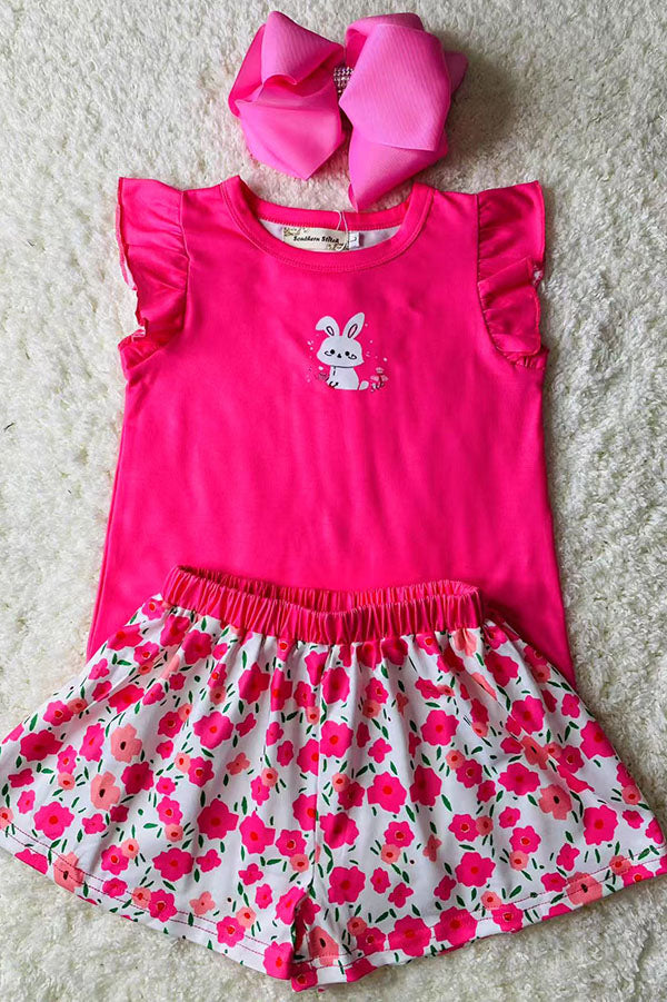 XCH04017 Bunny printed top & floral shorts 2pcs girls sets