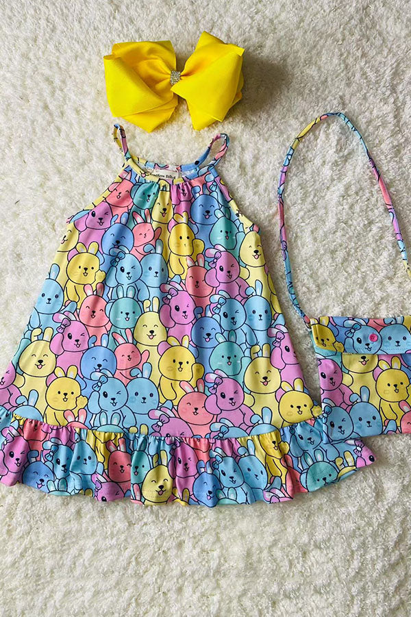 Easter Multi color rabbits printed sleeveless girls dress w/bag XCH07001