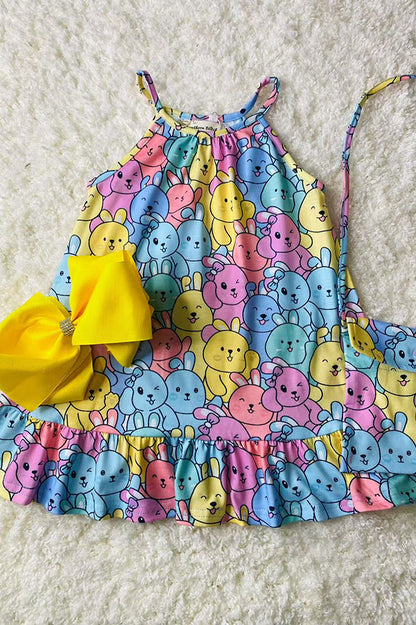 Easter Multi color rabbits printed sleeveless girls dress w/bag XCH07001