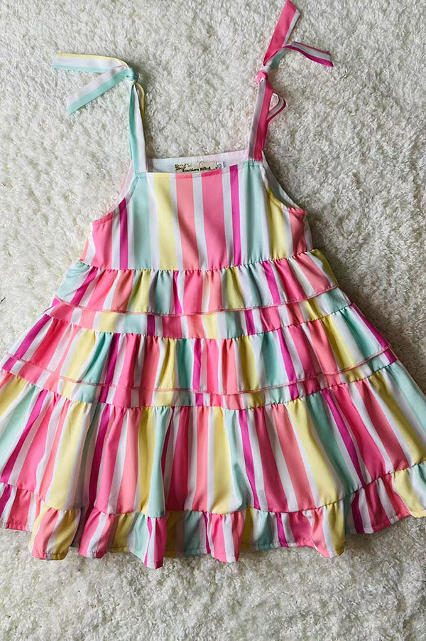 Mint & Pink & Yellow serape printed spaghetti girls dress X03009