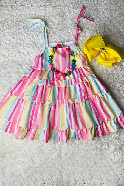 Mint & Pink & Yellow serape printed spaghetti girls dress X03009