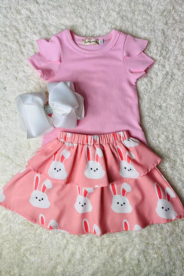 Pink pit cotton top & pink bunny skirts 2pcs easter girls sets XCH04021