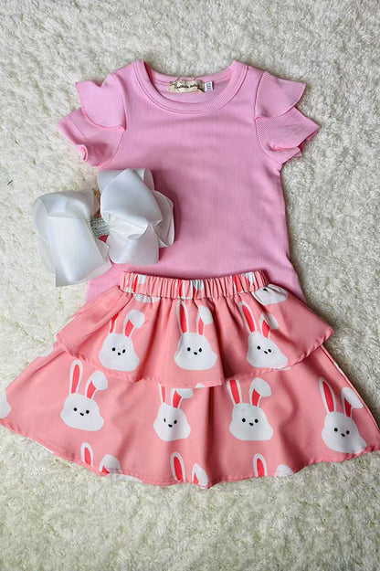 Pink pit cotton top & pink bunny skirts 2pcs easter girls sets XCH04021