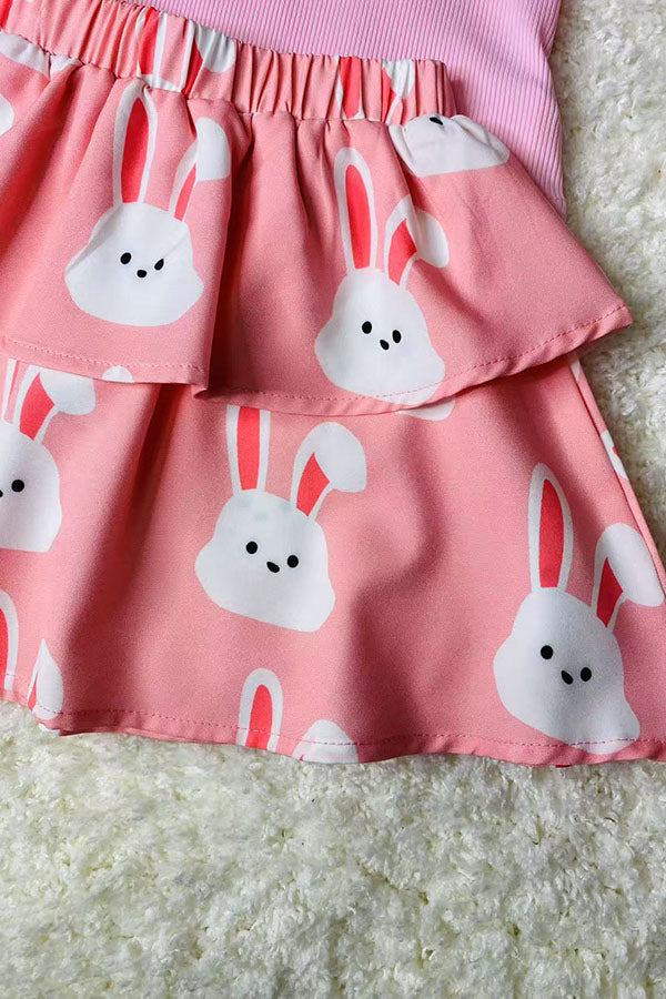 Pink pit cotton top & pink bunny skirts 2pcs easter girls sets XCH04021