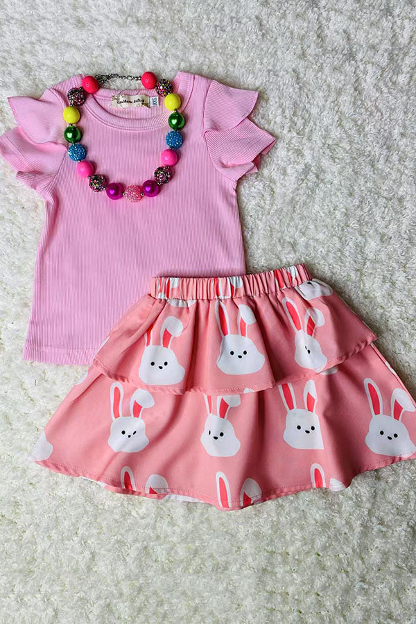 Pink pit cotton top & pink bunny skirts 2pcs easter girls sets XCH04021