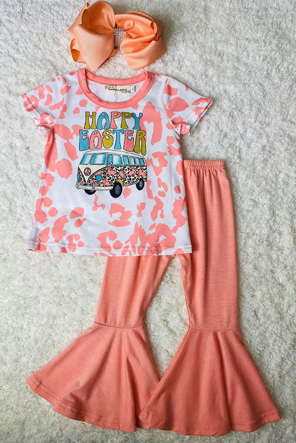 XCH0021-1 HAPPY EASTER bus print top bell bottom 2pc girls sets