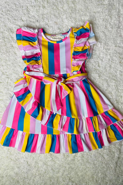 XCH03008 Multi color striped ruffle sleeve girls dress w/tied belt