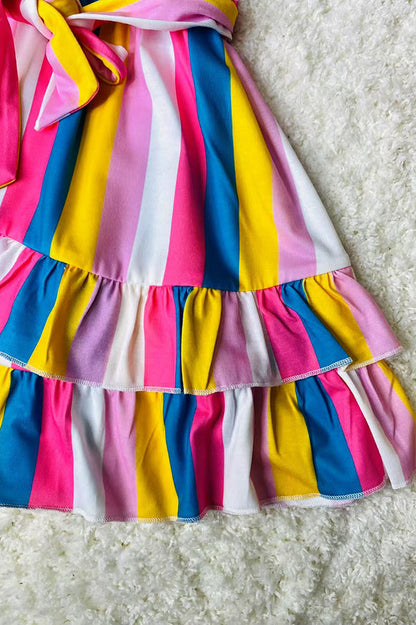 XCH03008 Multi color striped ruffle sleeve girls dress w/tied belt