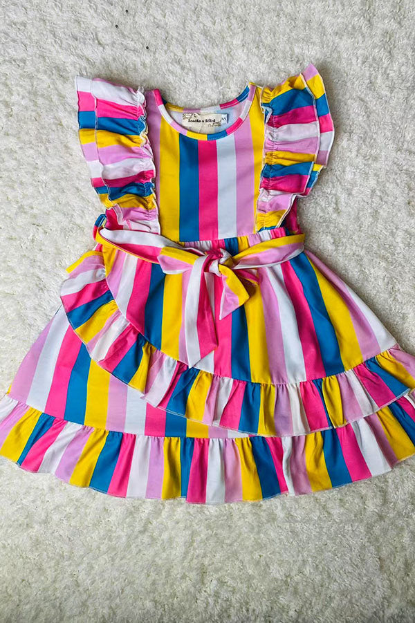 XCH03008 Multi color striped ruffle sleeve girls dress w/tied belt