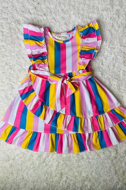XCH03008 Multi color striped ruffle sleeve girls dress w/tied belt