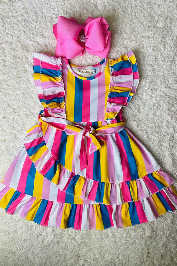 XCH03008 Multi color striped ruffle sleeve girls dress w/tied belt