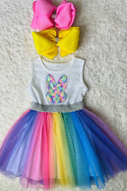 D2854 Sequin bunny embroidery multi color tulle easter girls dress