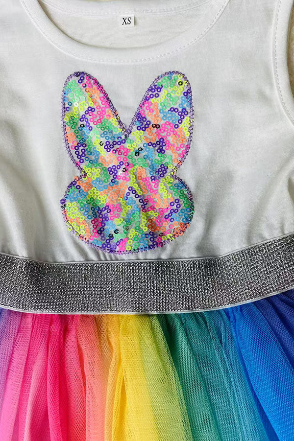 D2854 Sequin bunny embroidery multi color tulle easter girls dress