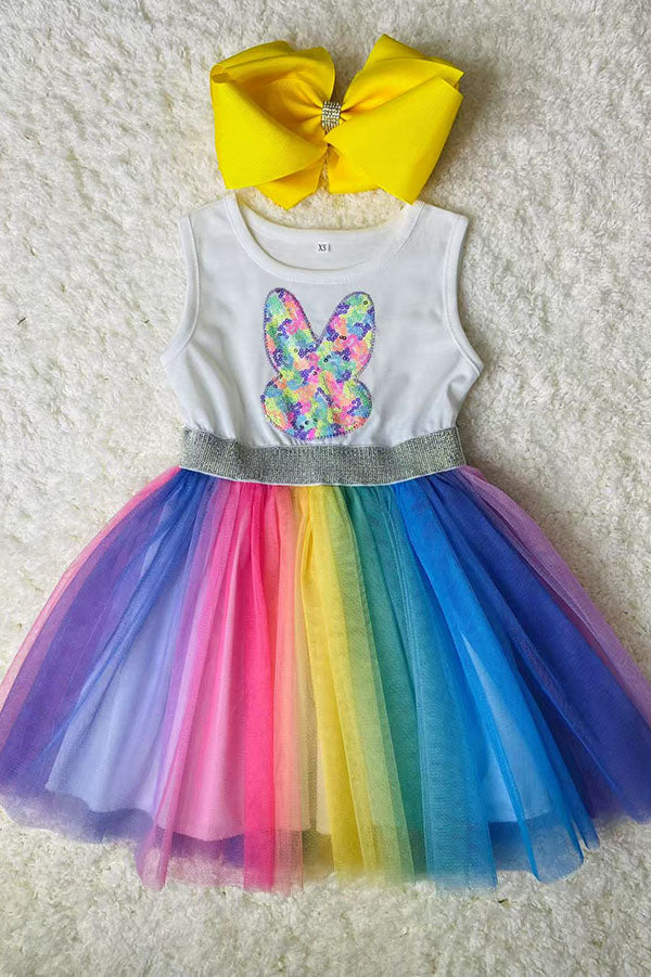 D2854 Sequin bunny embroidery multi color tulle easter girls dress