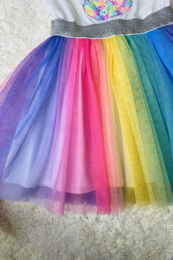 D2854 Sequin bunny embroidery multi color tulle easter girls dress