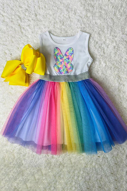 D2854 Sequin bunny embroidery multi color tulle easter girls dress