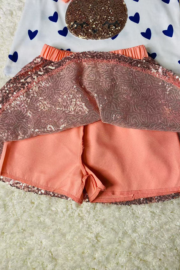 Easter sequin bunny embroidery top & sequin skirt/inside shorts 2pc girls sets XCH04022
