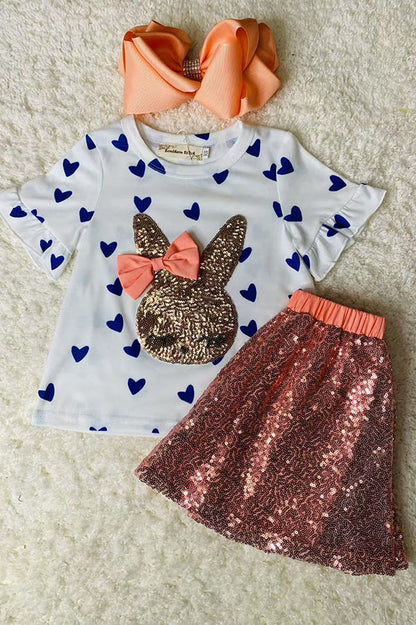 Easter sequin bunny embroidery top & sequin skirt/inside shorts 2pc girls sets XCH04022