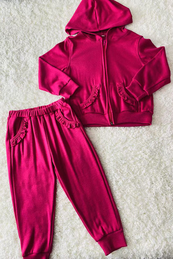 DLH2852 Hot pink knit hoodie top & pant 2pc girls outfit sets