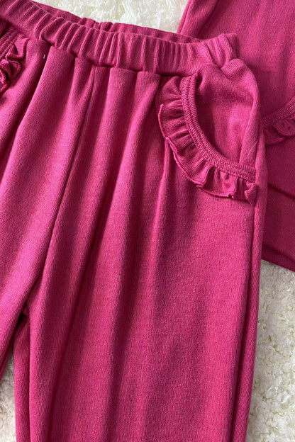 DLH2852 Hot pink knit hoodie top & pant 2pc girls outfit sets