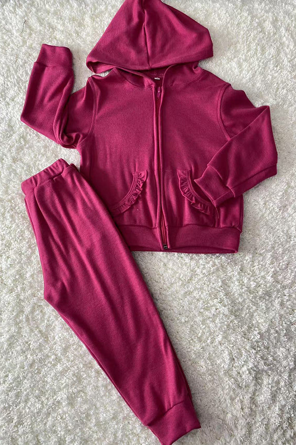 DLH2852 Hot pink knit hoodie top & pant 2pc girls outfit sets