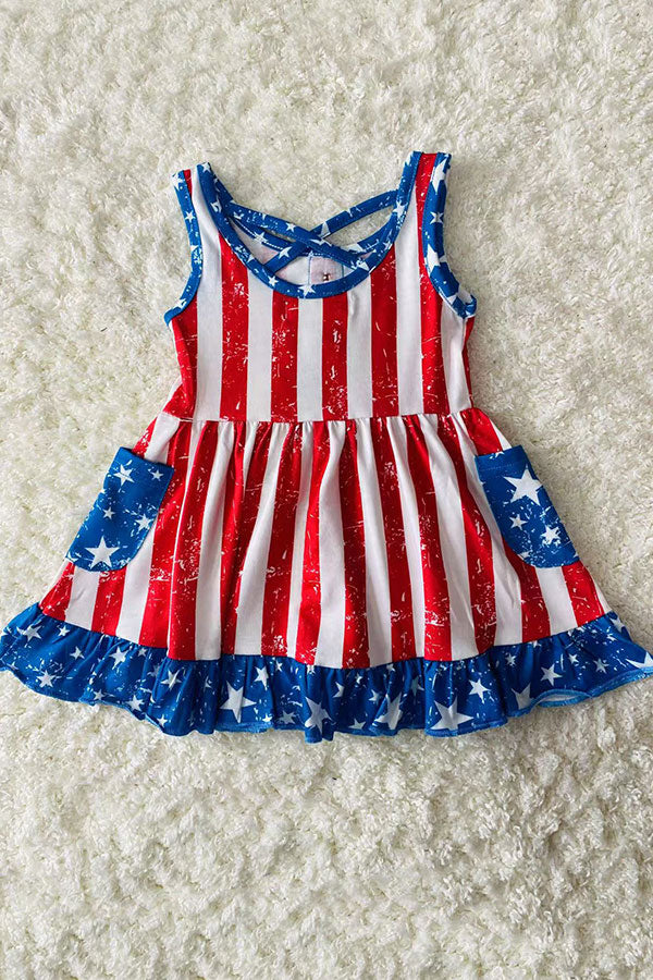 4th July USA FLAG Printed girl swirl dress w/pockets XCH0888-11H