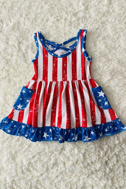 4th July USA FLAG Printed girl swirl dress w/pockets XCH0888-11H