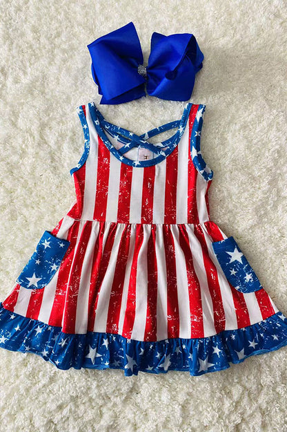4th July USA FLAG Printed girl swirl dress w/pockets XCH0888-11H