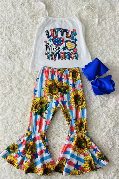 4th July "LITTLE MISS AMERICA" sunflowers & stars patriotic 2pc girls set XCH0777-24H