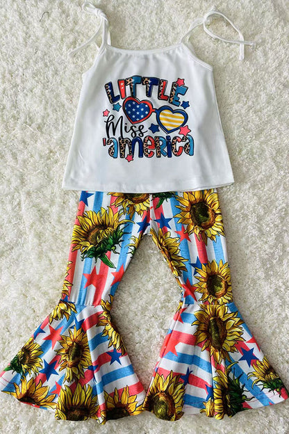 4th July "LITTLE MISS AMERICA" sunflowers & stars patriotic 2pc girls set XCH0777-24H
