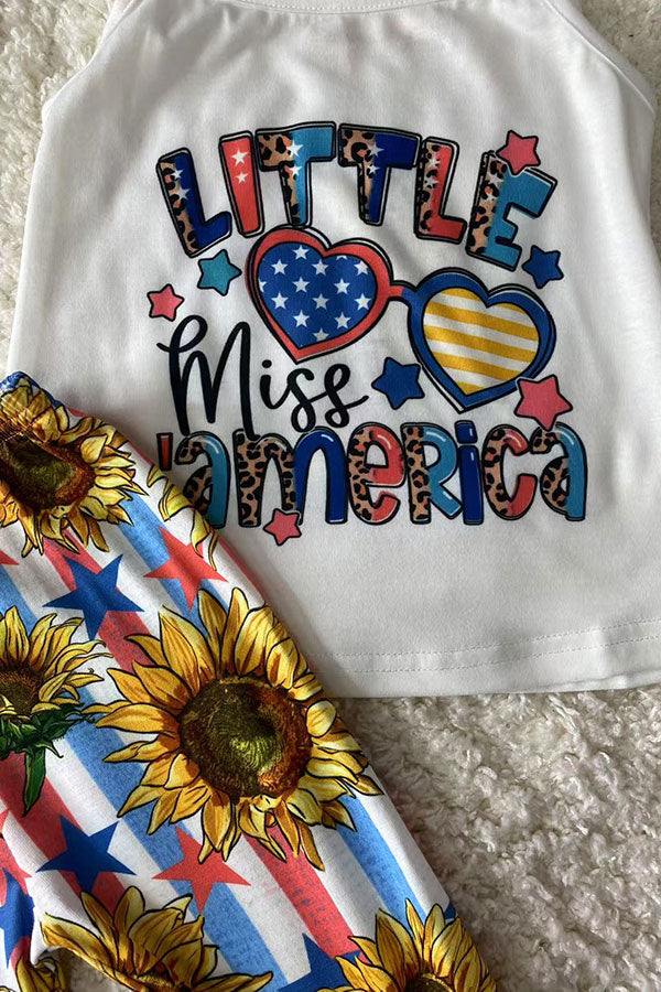 4th July "LITTLE MISS AMERICA" sunflowers & stars patriotic 2pc girls set XCH0777-24H