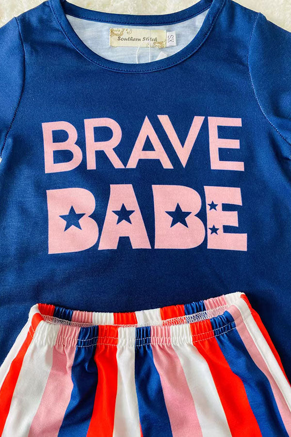 Shop kids clothes Navy blue "BRAVE BABE" & stripes 2pc girls sets XCH0666-7H