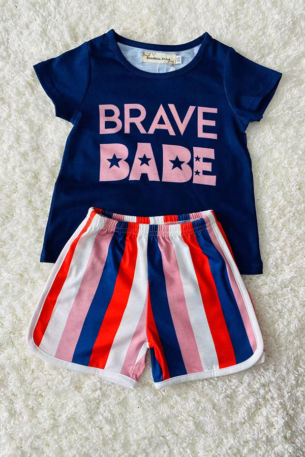 Shop kids clothes Navy blue "BRAVE BABE" & stripes 2pc girls sets XCH0666-7H