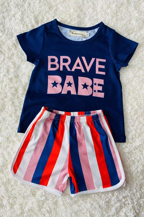 Shop kids clothes Navy blue "BRAVE BABE" & stripes 2pc girls sets XCH0666-7H