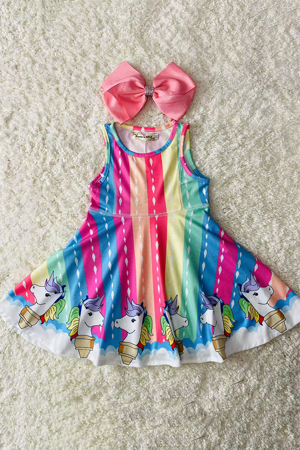 XCH03012 Multi color serape unicorn printed sleeveless girls swirl dress