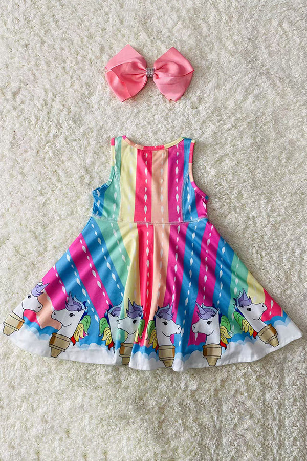XCH03012 Multi color serape unicorn printed sleeveless girls swirl dress