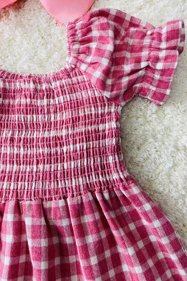 XCH03017 Pink plaid gathered & ruffles short sleeve cotton girls dress