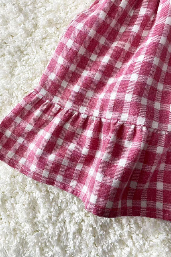 XCH03017 Pink plaid gathered & ruffles short sleeve cotton girls dress
