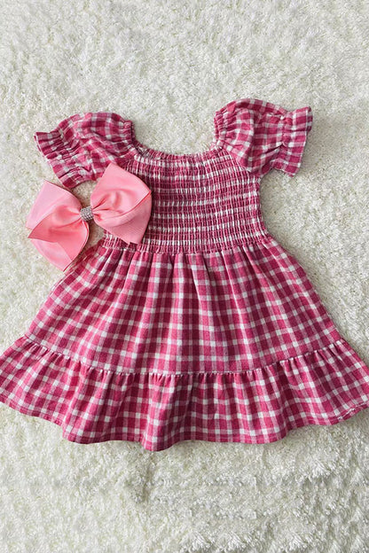 XCH03017 Pink plaid gathered & ruffles short sleeve cotton girls dress