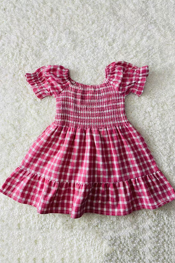 XCH03017 Pink plaid gathered & ruffles short sleeve cotton girls dress