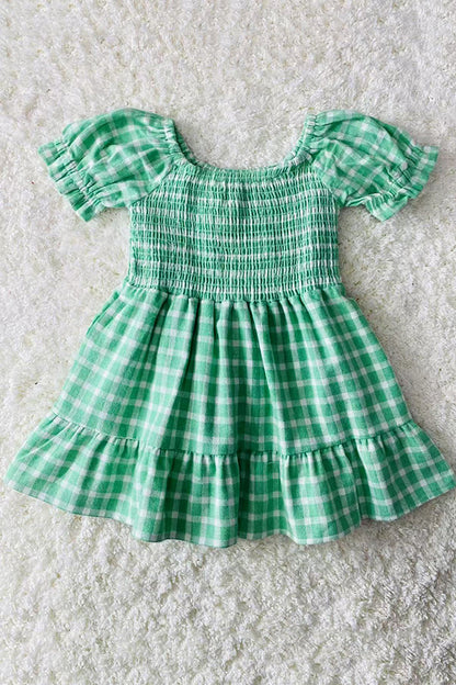 XCH03015 Green plaid gathered & ruffles short sleeve girls dress