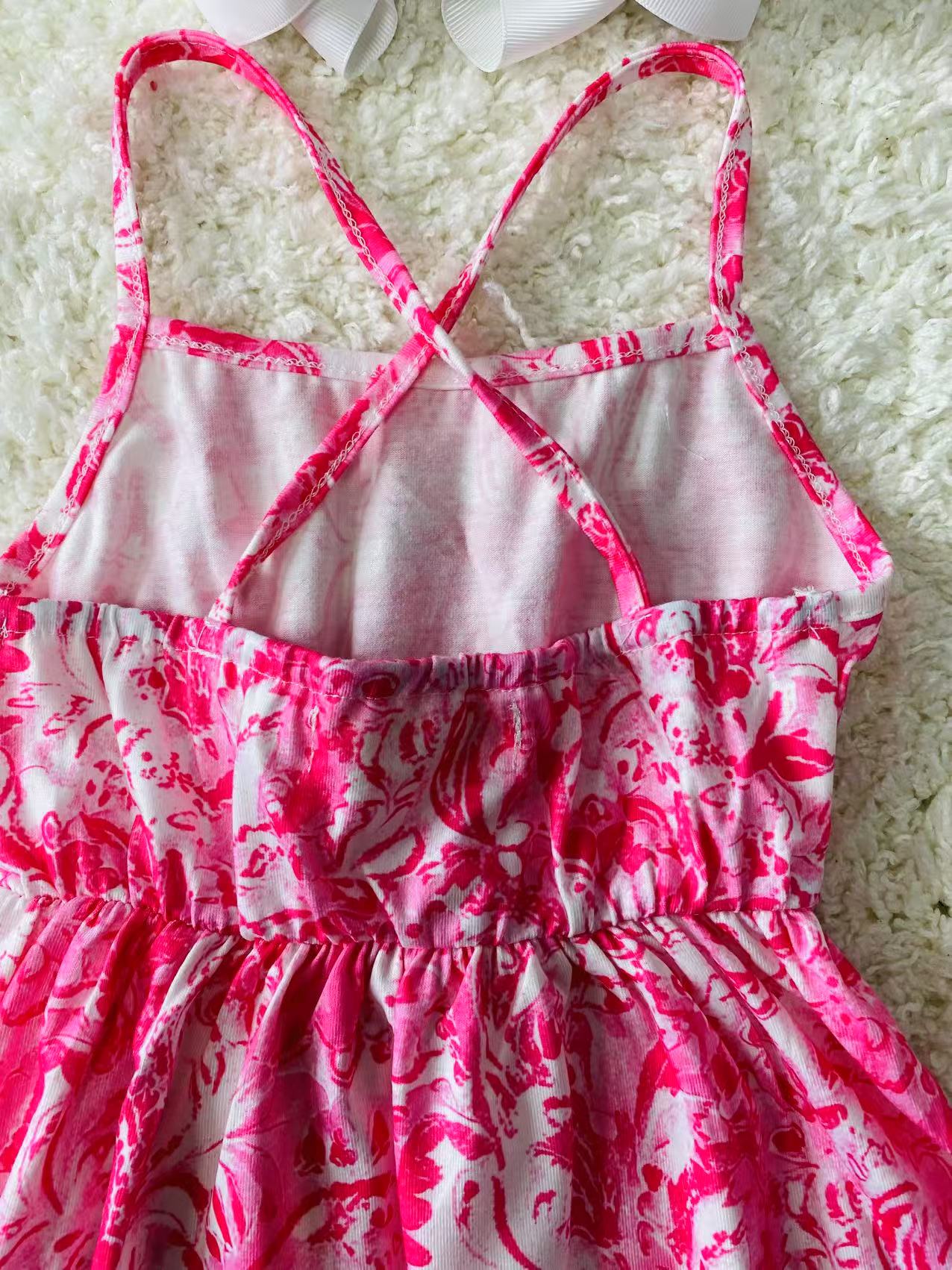 Spring floral printed sleeveless girls dress with/criss cross XCH03011