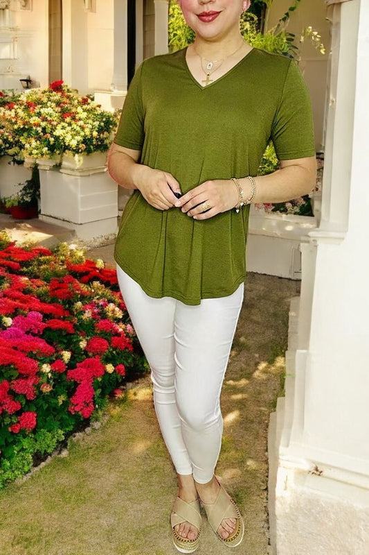 Women's clothing wholesale online Green V-neckline short sleeves top GJQ15508