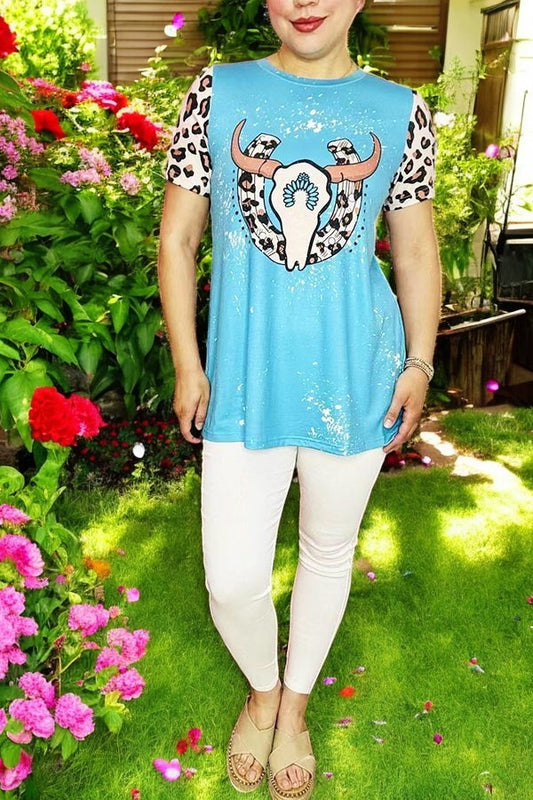 Western women's t-shirt wholesale bull skull turquoise short sleeve top XCH11970 (BS7