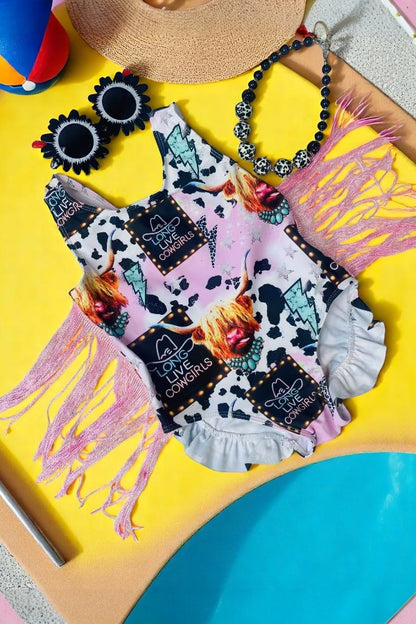 Western girls swimsuit Cowgirl printed pink swimsuits w/fringe tassels DLH2456
