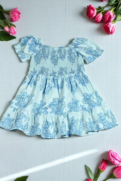 Toddler girls dress wholesale Blue floral prints & short sleeves XCH03024