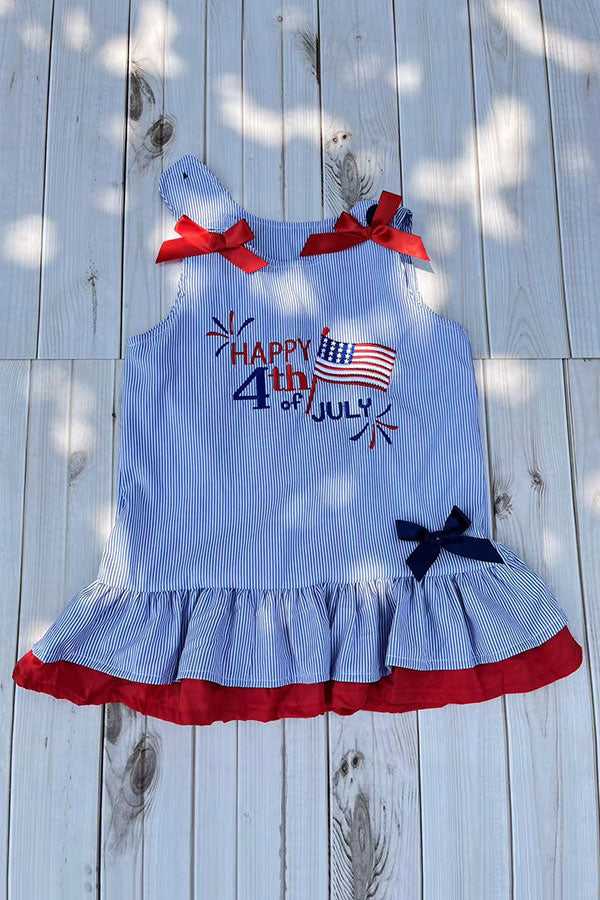 Girls dress wholesale HAPPY 4th july & AMERICAN flag embroidery & blue stripes DLH2874