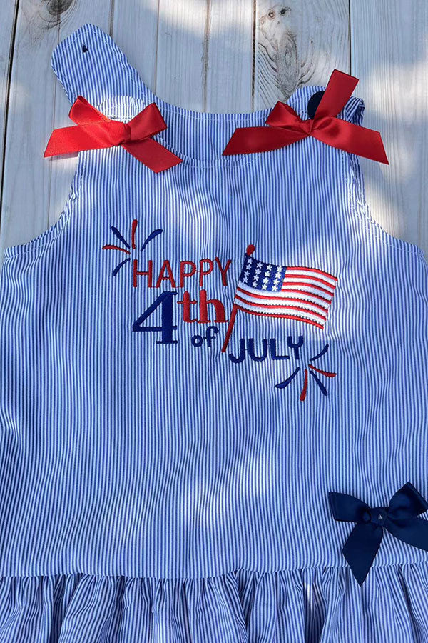 Girls dress wholesale HAPPY 4th july & AMERICAN flag embroidery & blue stripes DLH2874